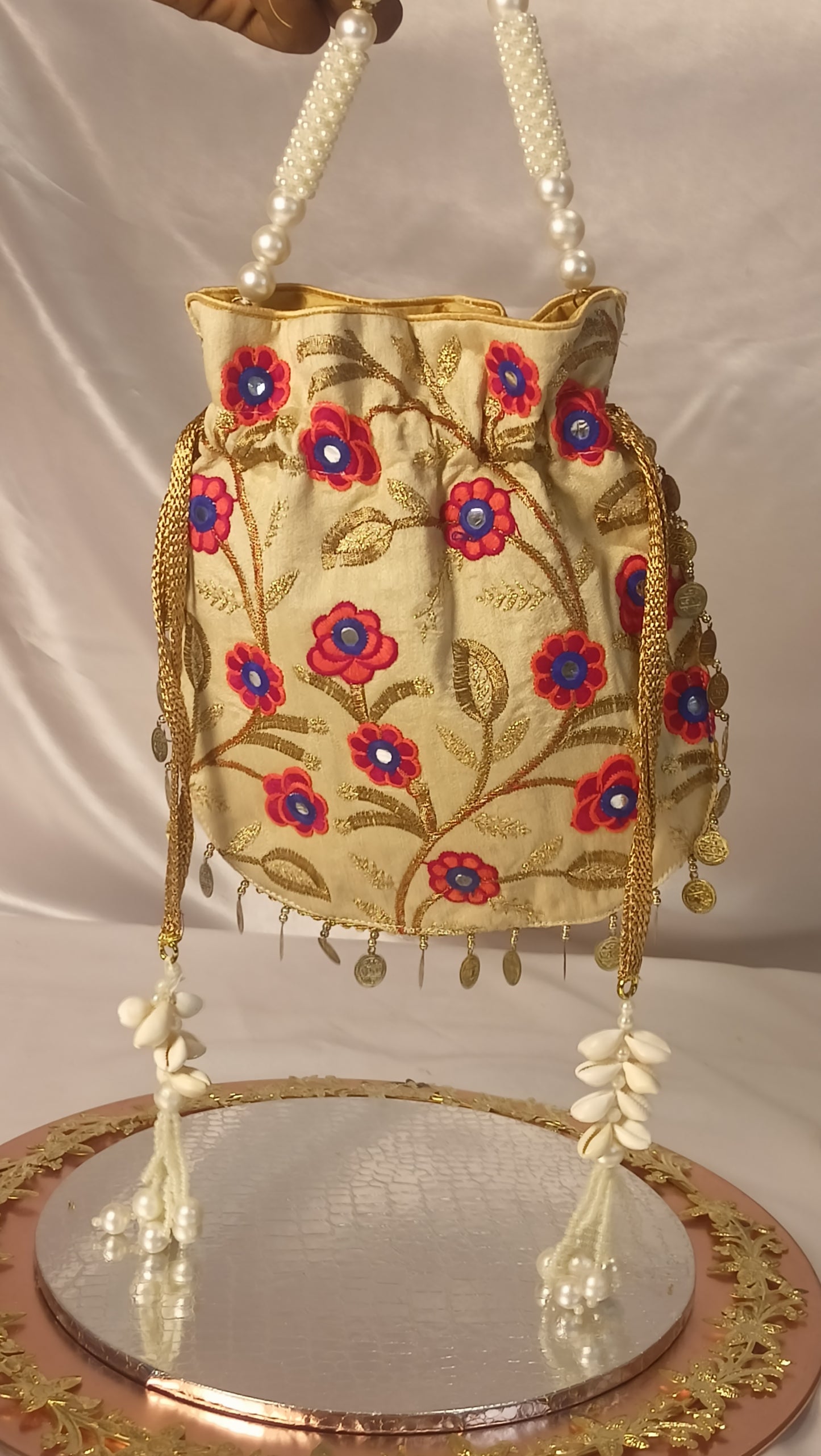 GUJARATI  RED MIRROR POTLI BAG